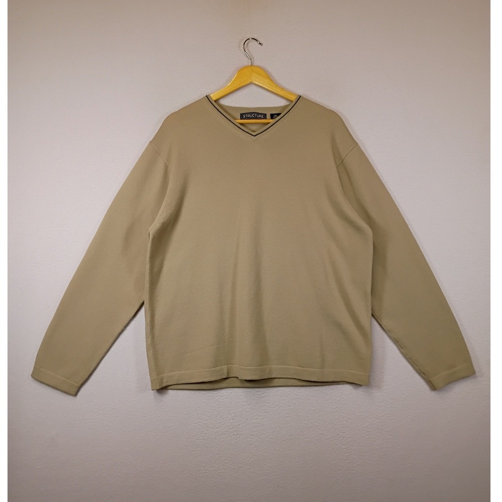 Quiet Luxury Structure Mens Large Tan 100% Merino Wool V-Neck Sweater Trim